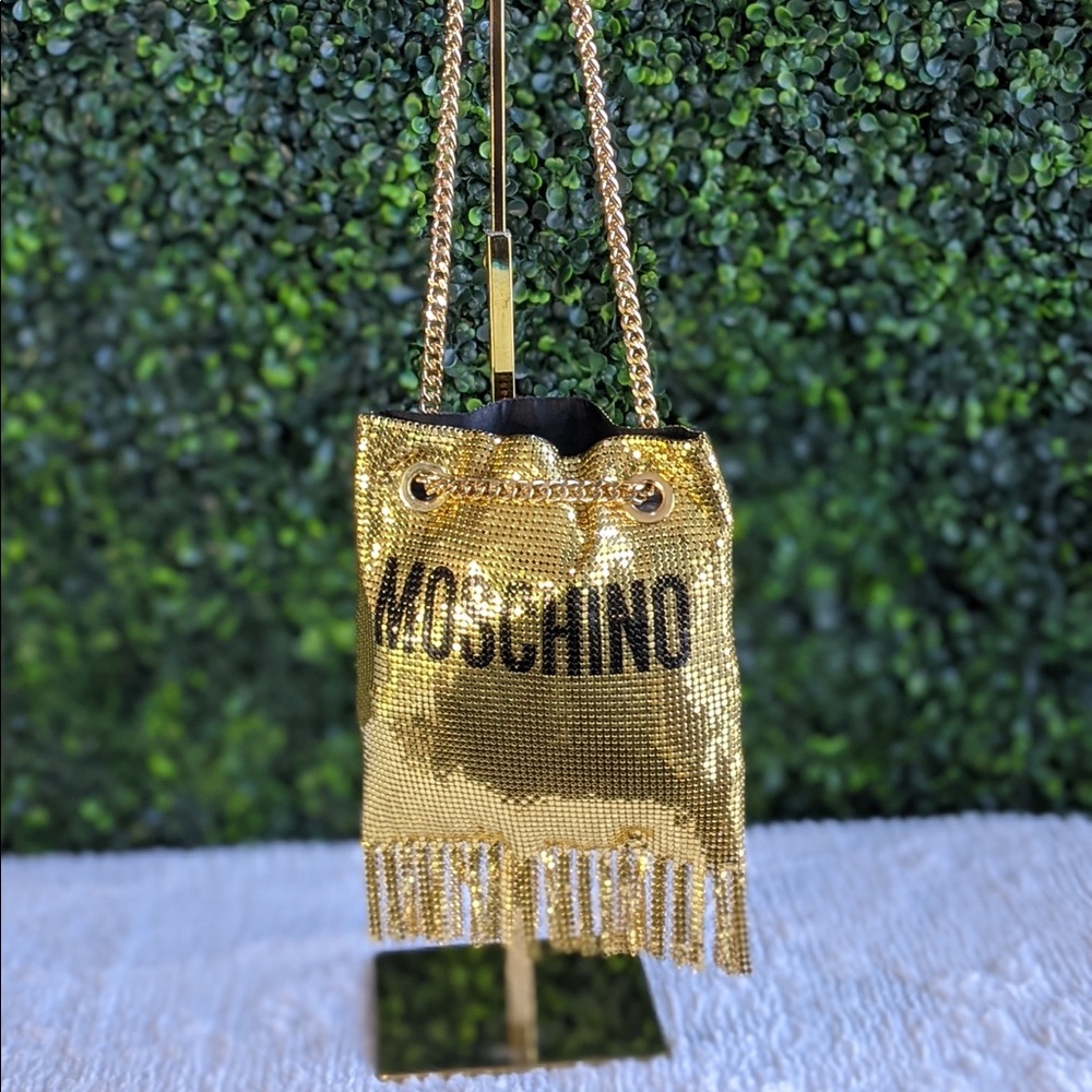 Moschino Logo Metallic Mesh Fringe Bag Gold